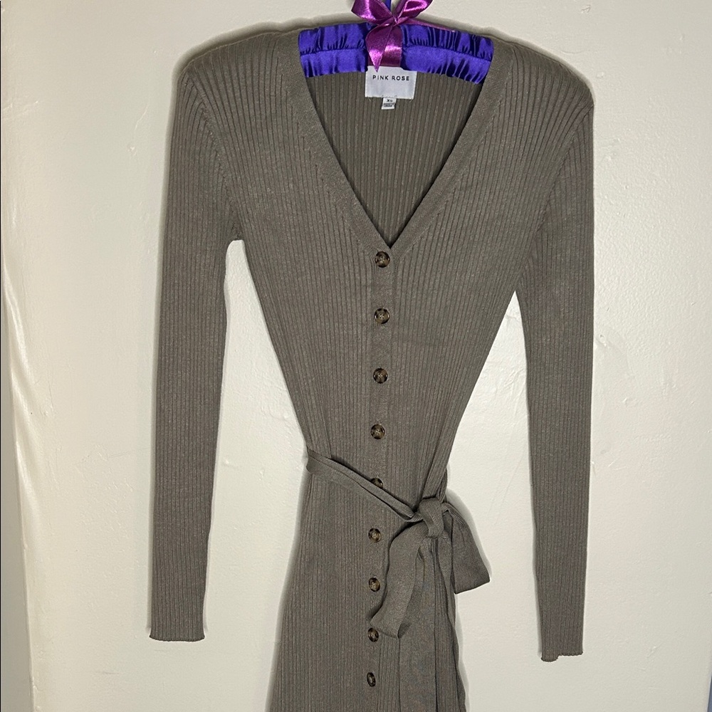 Pink Rose Olive Green Rib-Knit Button-Front Long Sleeve Dress with Tie Waist
